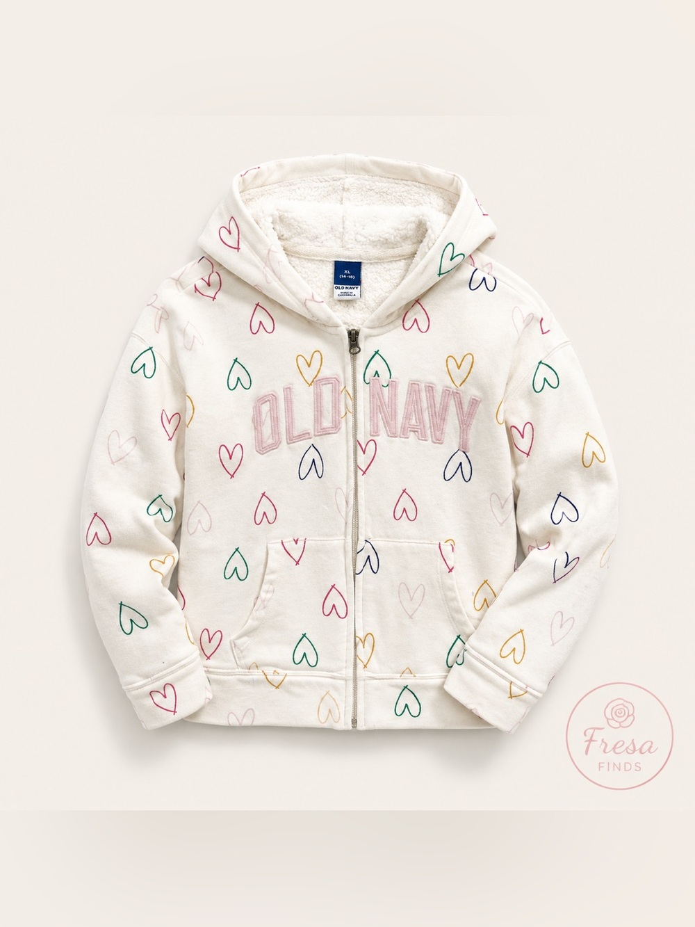 Old Navy Girls Heart Print Fleece Lined Zip Hoodie Jacket XL 14-16 White
